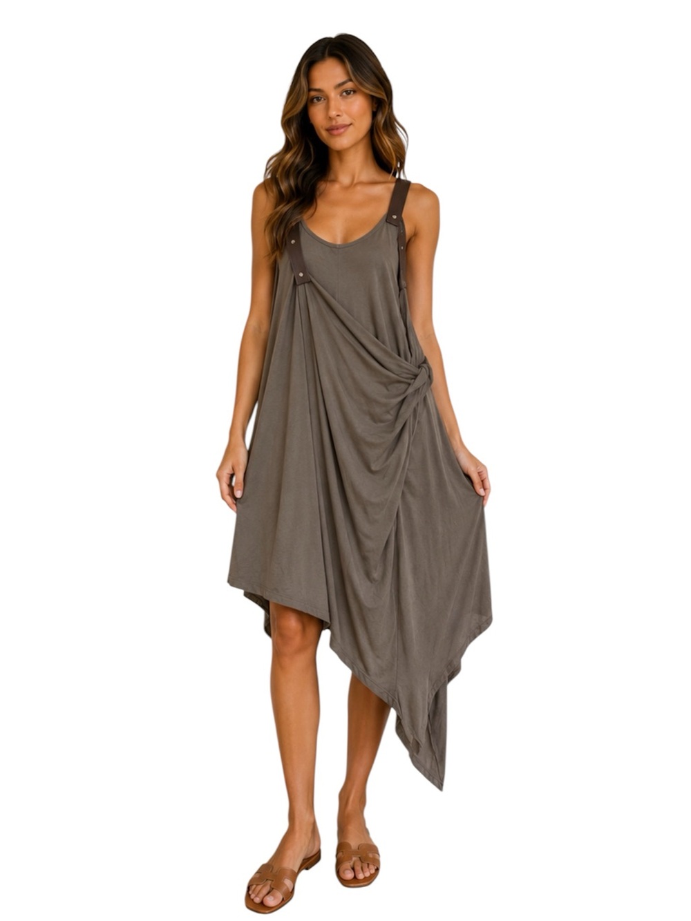 MEDI Brown Asymmetrical Women’s Dress Faux Leather Shoulder Straps Size 2 EUC - Picture 10 of 10